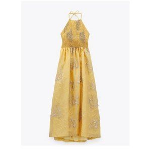Zara Limited Edition Yellow/Gold Midi Halter Dress - Size M